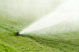 Impact sprinkler on lawn in action. Impulse sprinkler head with out streaming water fountain on artificial green lawn in full sunlight. Long spray radius creates the effect of natural rainfall. Photo.