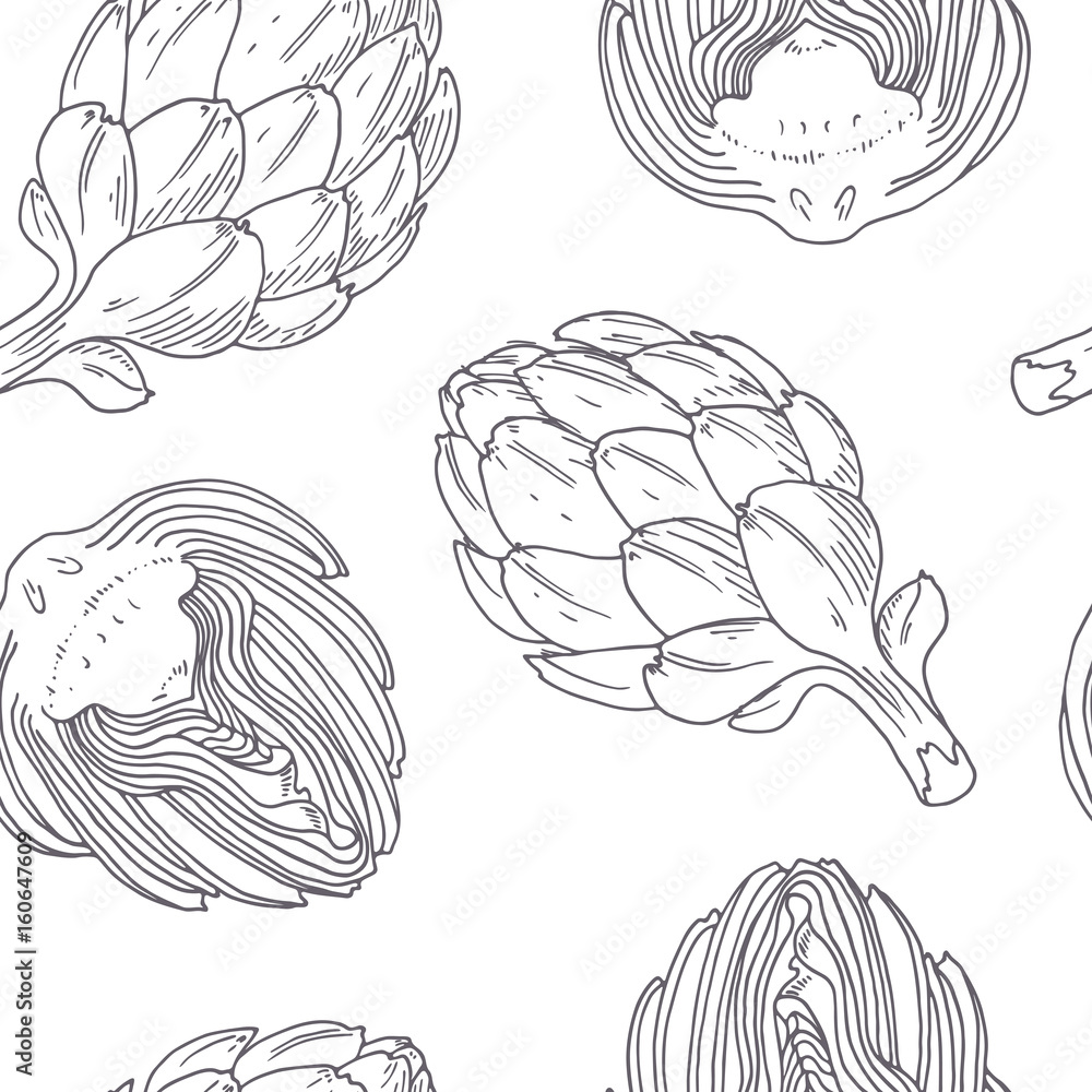 Fototapeta premium Hand drawn seamless pattern with artichoke. Monochrome background in sketch style
