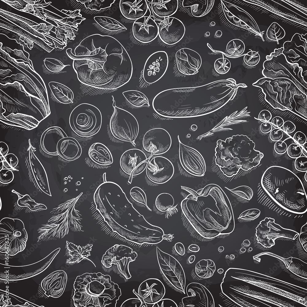 Seamless pattern with sketch of vegetables and spices. Seamless pattern with sketch of vegetables and spices.