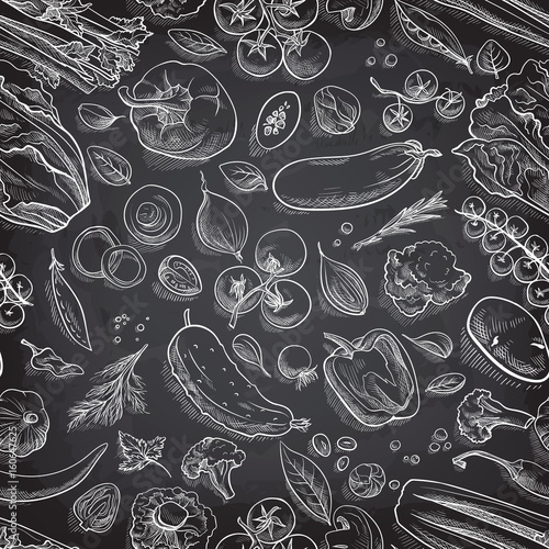 Seamless pattern with sketch of vegetables and spices.
