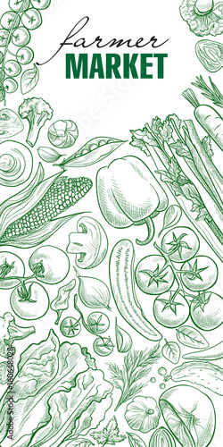 Fresh vegetables background with space for text, hand drawn or engraved, vintage, retro looking plants, vegetarian and healthy food