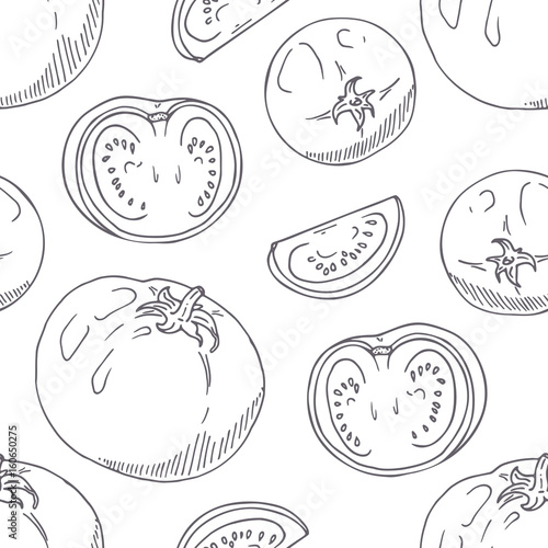Fototapeta Naklejka Na Ścianę i Meble -  Hand drawn seamless pattern with tomatoes. Monochrome background in sketch style