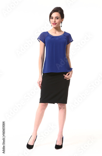 fashion indian business woman in formal blue blouse and black skrit high heel shoes full body photo isolated on white photo