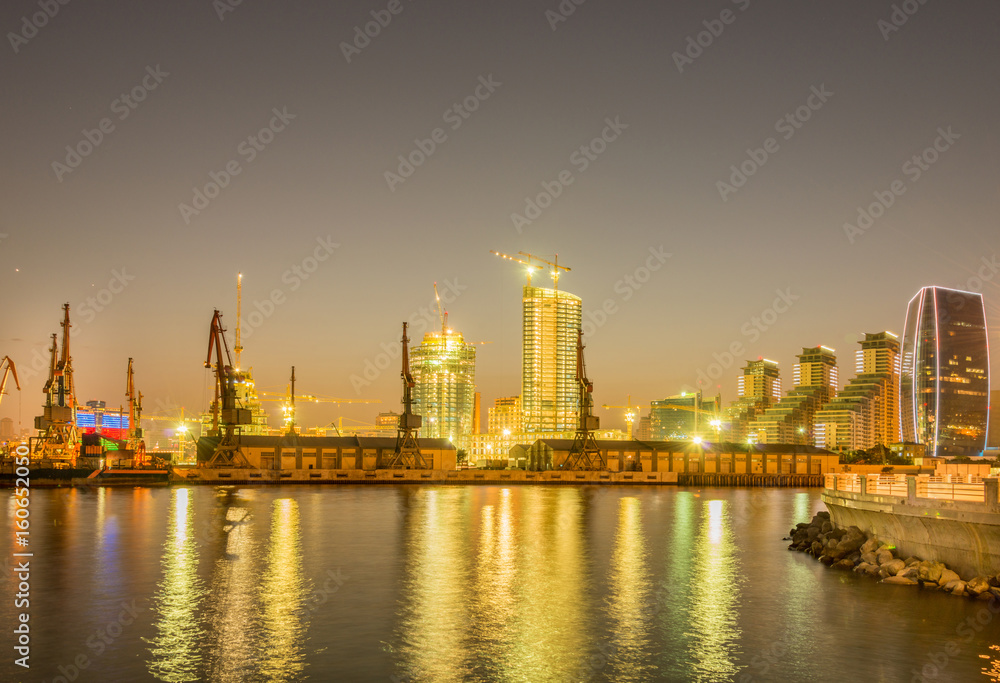 Night view of sea port in Baku Azerbaijan