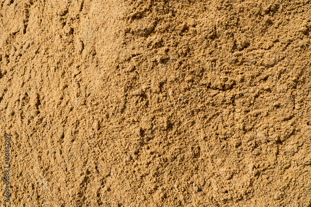 Fototapeta premium Texture of the sand. Background Industrial sand for construction works. Natural material for bricks and concrete products - loose rock, which grains of feldspar, mica, quartz and other minerals.