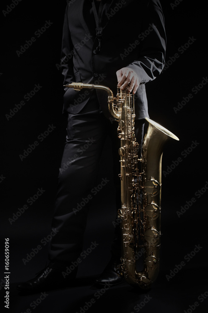 Naklejka premium Saxophone player jazz musician with baritone sax