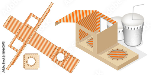 Gift Box Packaging Template.  Fast Food Tray Box with Die Cut Template. Carry On Protective design, die-stamping layout pattern.