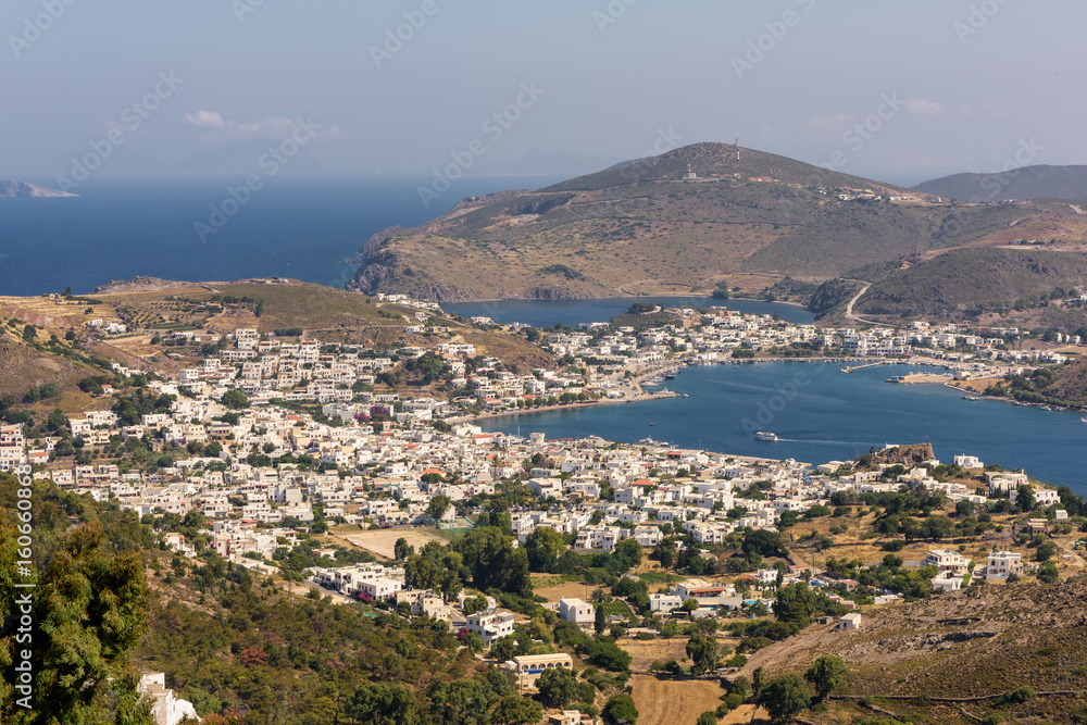 Aerial view of port of Skala in the Greek island of Patmos