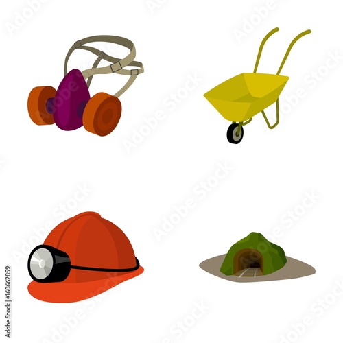 Headphones and raspirator, wheelbarrow, helmet with a lantern, the entrance to the mine.Mining industry set collection icons in cartoon style vector symbol stock illustration web.