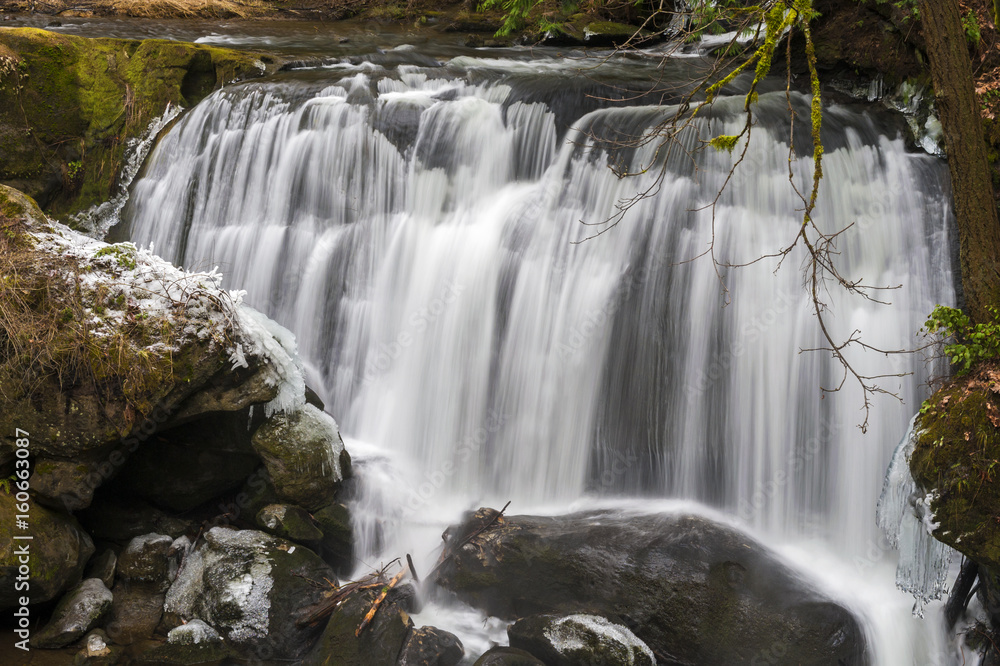Fototapeta premium Whatcom Falls. Whatcom Falls in Bellingham, Washington, where a cascading waterfall is its centerpiece. The falls in the park are on Whatcom Creek, leading from Lake Whatcom to Bellingham Bay.