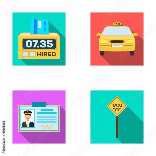 The counter of the fare in the taxi, the taxi car, the driver's badge, the parking lot of the car. Taxi set collection icons in flat style vector symbol stock illustration web.