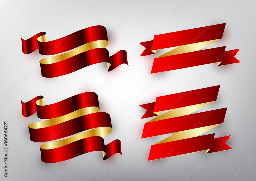 Red and gold glossy ribbon vector set for design banner, badge and icon on white background, vector illustration Red and gold glossy ribbon vector set for design banner, badge and icon on white background, vector illustration