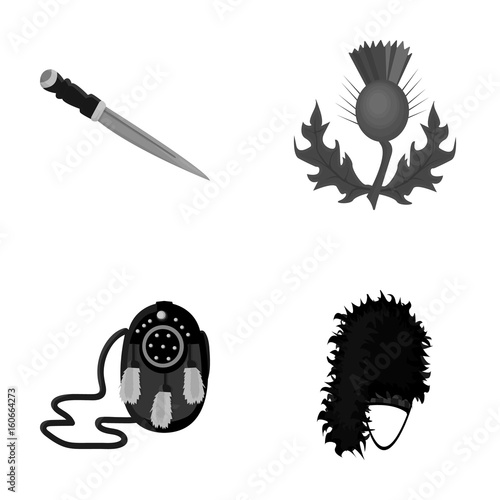 National Dirk Dagger, Thistle National Symbol, Sporran,glengarry.Scotland set collection icons in monochrome style vector symbol stock illustration web.