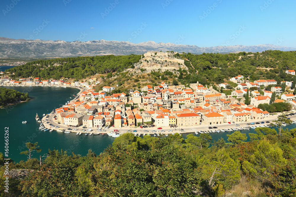 View of the town Novigrad and the Velebit Mountains, Dalmatia, Croatia