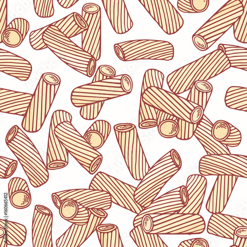 Hand drawn pasta tortiglioni or tortellini seamless pattern. Background for restaurant or food package design