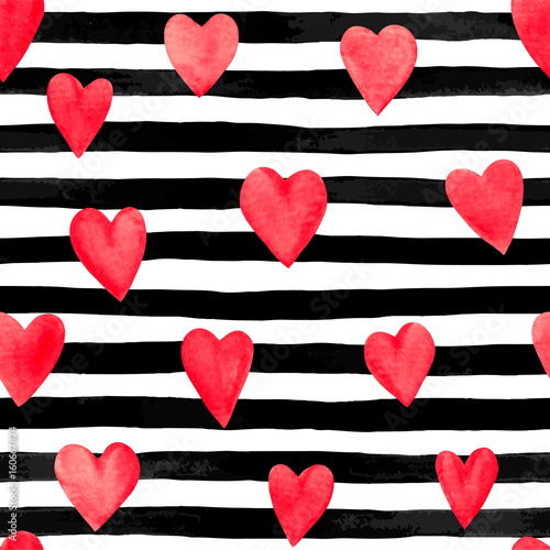 Beautiful seamless background with red watercolor hearts on horizontal ink, black and white stripes.
