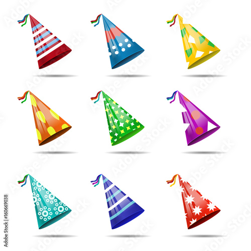 Vector set of realistic isolated party hats on the white background for photo decoration and covering. Concept of birthday  holiday and celebration.