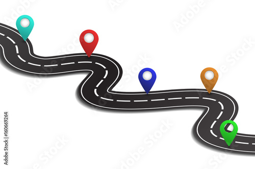 Vector isometric winding road with map pins on the white background. Concept of logistics, journey, delivery and transportation.