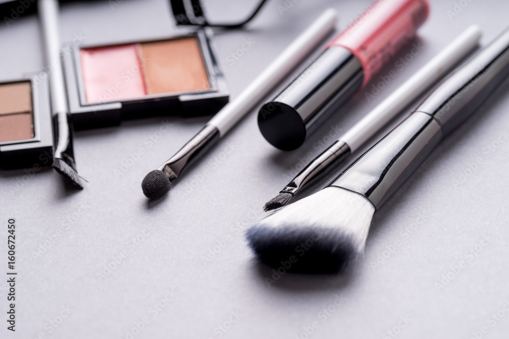 Set of Makeup cosmetics products with bag on top view Set of Makeup cosmetics products with bag on top view