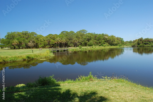 Quiet lake under a cloudless blue sky