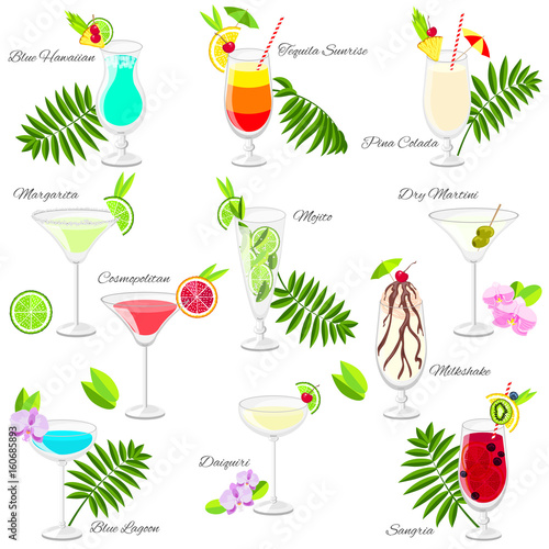 Set of popular summer cocktails isolated on white