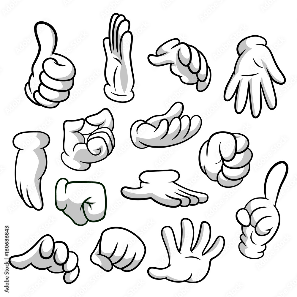 Cartoon hands with gloves icon set isolated on white background. Vector clipart - parts of body, arms in white gloves. Hand gesture collection. Design templates in EPS8. - obrazy, fototapety, plakaty 
