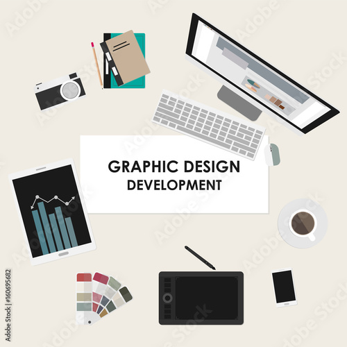 Desk flat design top view graphic design Management Vector illustration