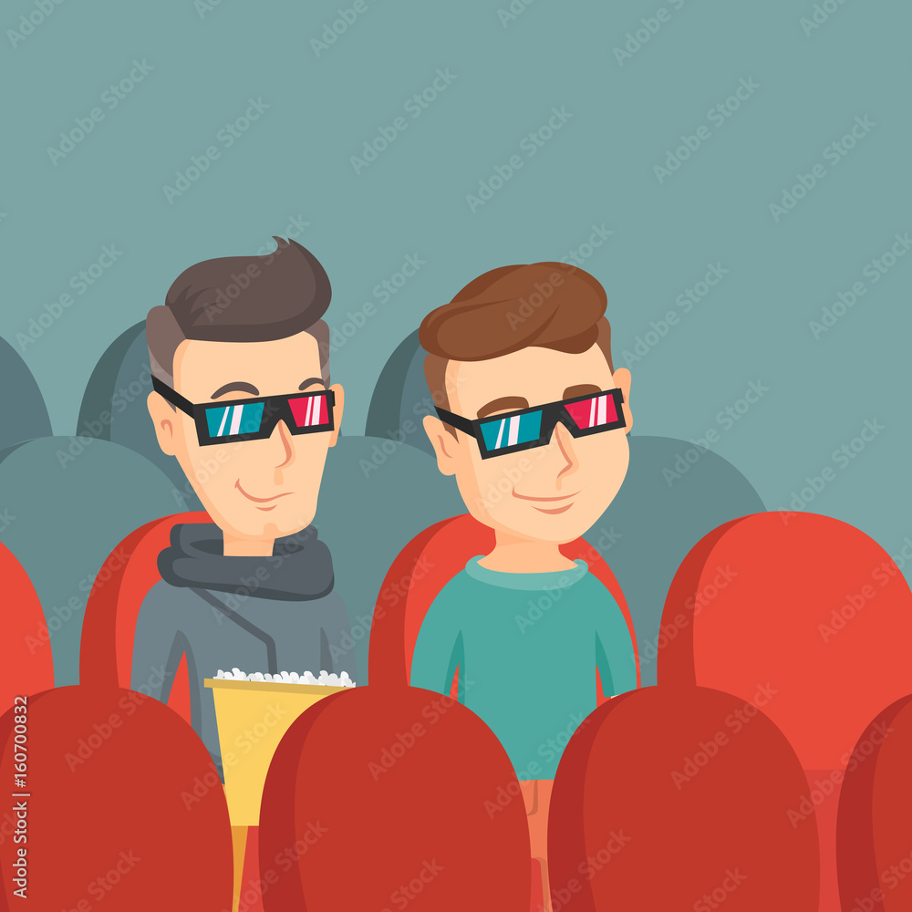 Happy friends watching 3D movie in the theatre.