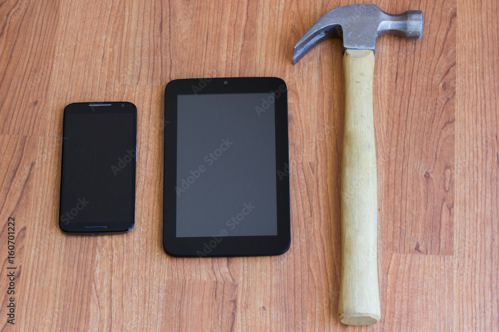 Cell Phone Tablet and Hammer