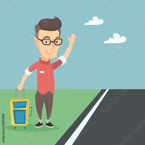 Young man hitchhiking vector illustration.