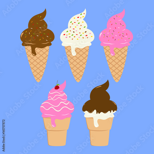 ice cream cone vector set. vanilla, strawberry and chocolate ice cream