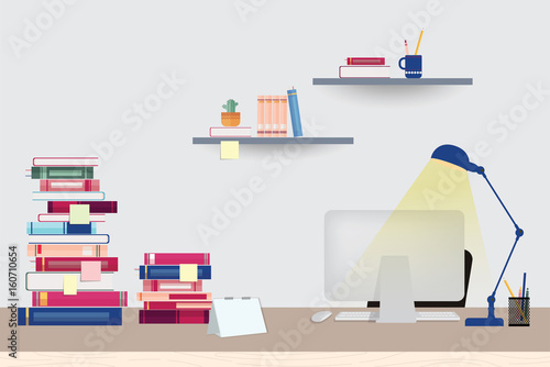 Illustration workspace with computer, books and stationery on the table