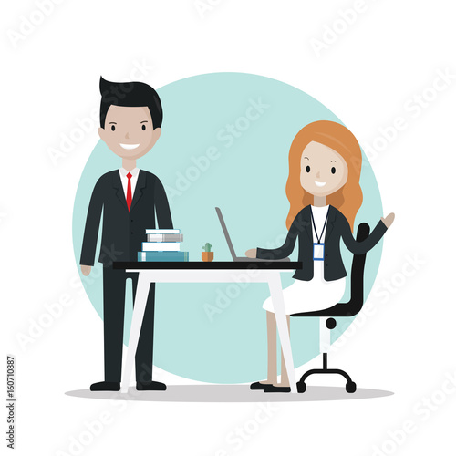 Cartoon business people at working table