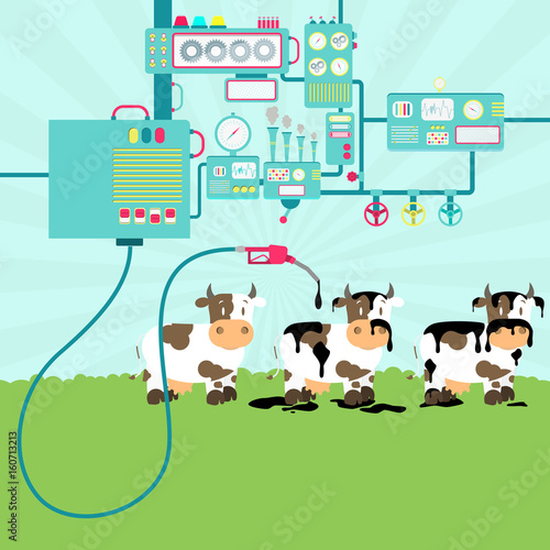 Machinery of factory refining oil. Gas pump dirty the cattle. Cattle formed by dairy cows.