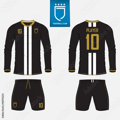 Set of long sleeve soccer jersey or football kit template for football club. Football shirt mock up. Front and back view soccer uniform. Flat football logo on blue label. Vector Illustration.