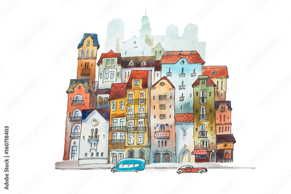 Aquarelle painting of high narrow houses in Europe. Hand drawn postcard  old European street on white background