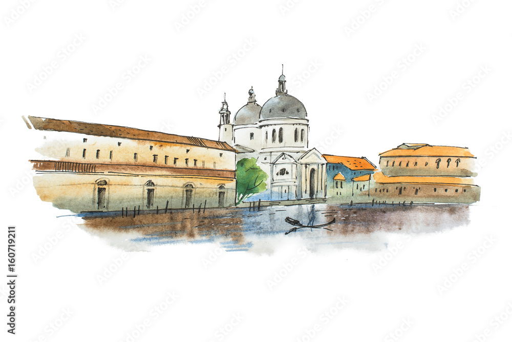 Watercolor sketch of Venice, Italian city, with white cathedral, historic houses and a gondolier.