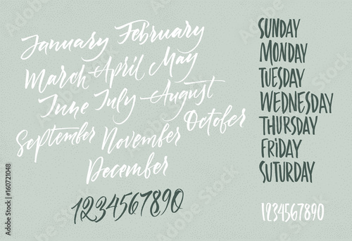 Title of months of the year. Numbers from 0 to 9. Days of the week