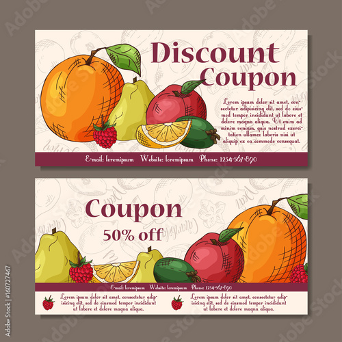 Cafe discount voucher for your business. Modern style with food element on background. Template vector with fruitsf or farmers.