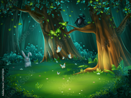 Vector illustration of a forest glade with hare and butterflies