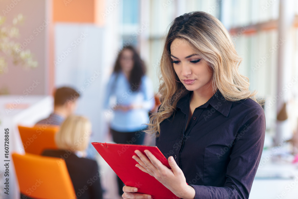 Team work discussing. Young woman with paper folder. Team work discussing. Young woman with paper folder.