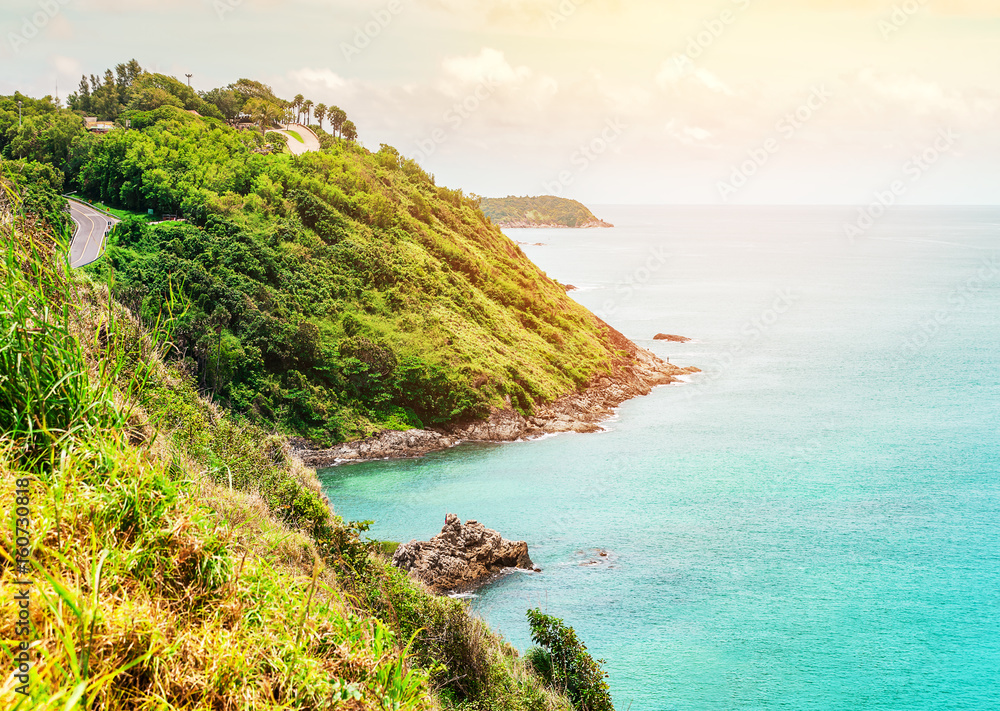 Blue sea and mountain with sky sunrise in morning light Blue sea and mountain with sky sunrise in morning light