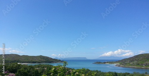 Beautiful scenery of lake clamped between gently sloping hills and clean sky view with little clouds in Scotland.