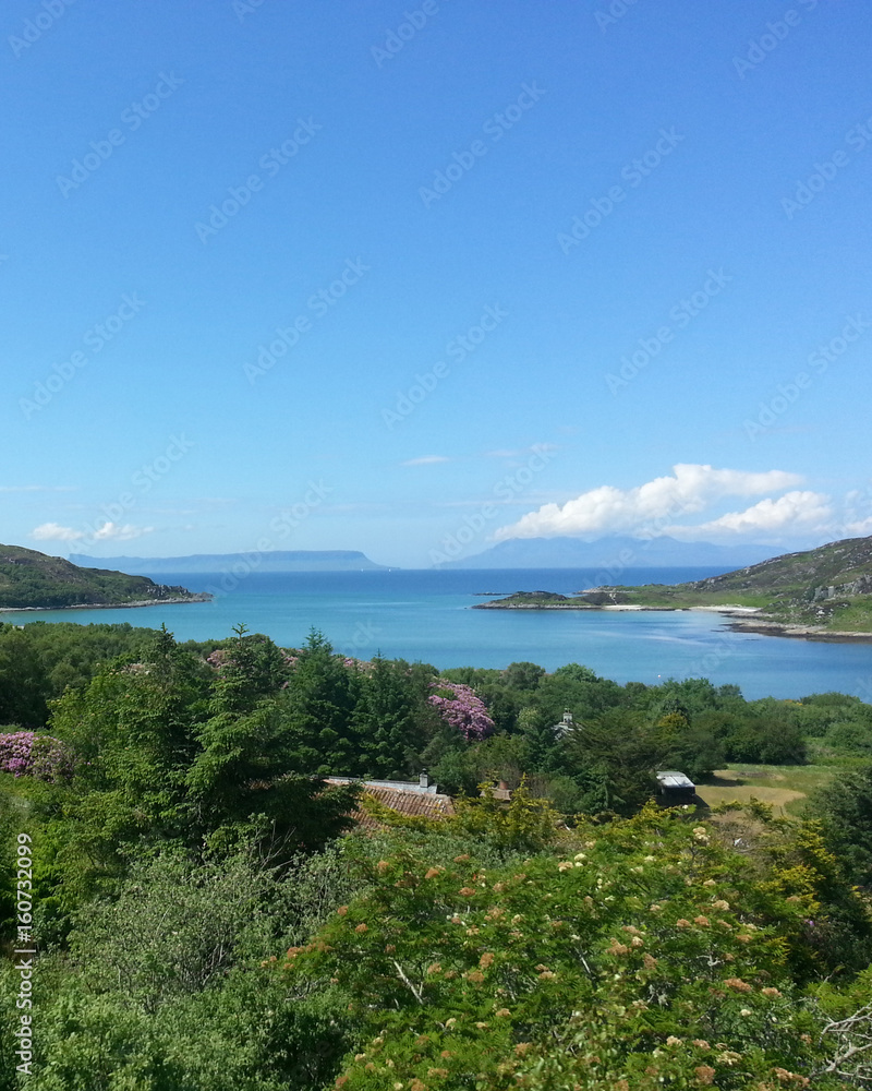 Beautiful scenery of lake clamped between gently sloping hills and clean sky view with little clouds in Scotland.
