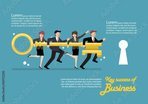 Infographic of business team holding golden key to unlock the lock
