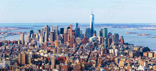 New-York city skyline. Aerial panorama of downtown viewed from midtown. Skyscrapers and office buildings in financial district of New York, USA