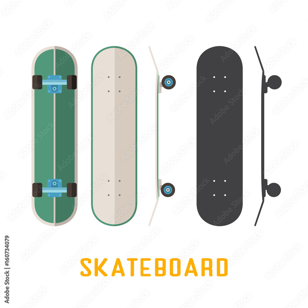 Green longboard skateboard bottom, top and side view. Vector skateboarding  deck in flat and outline design. Stock Vector | Adobe Stock