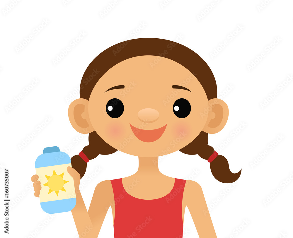 Girl holding a bottle of sunscreen Girl holding a bottle of sunscreen