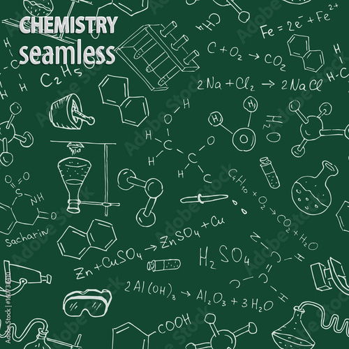 Chalk chemistry symbols on green blackboard. Vector seamless pattern. 