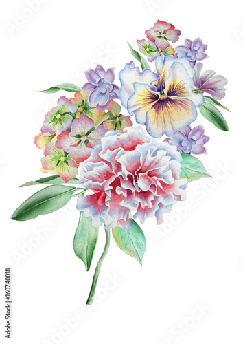 Watercolor bouquet with flowers. Pansies. Carnation. Hydrangea. llustration. Hand drawn.